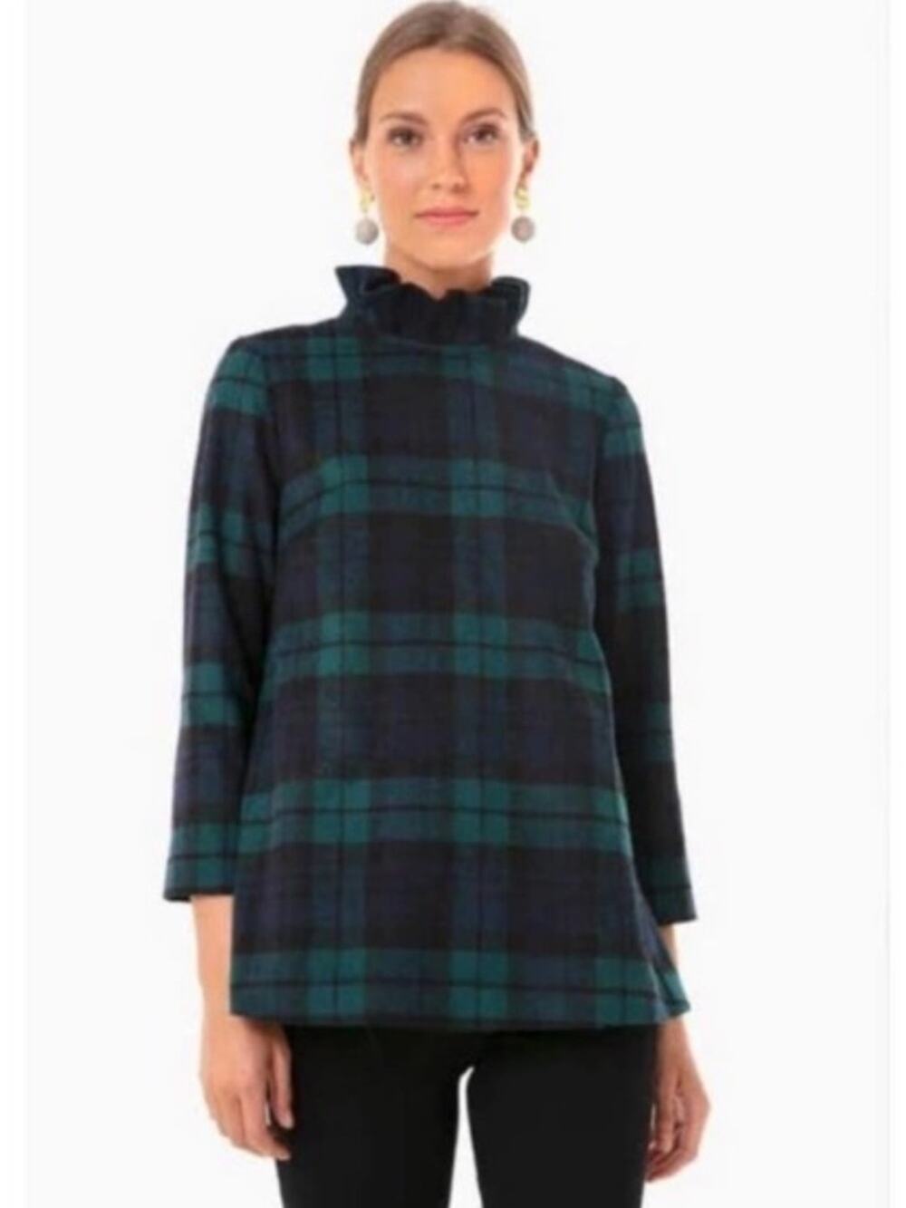 Tuckernuck Blackwatch Plaid
Faye Shirt Top High Ruffle Neck Wool Back Tie Bow